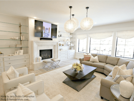 White Family Room With Unique White Globe Lighting And Neutral Color Palette, Jerry Stubbs Construction And Tique And Company, 2018 Utah Valley Parade Of Homes On Remodelaholic